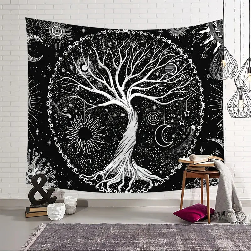 Tree of Life Tapestry - Sun & Moon, Black & White