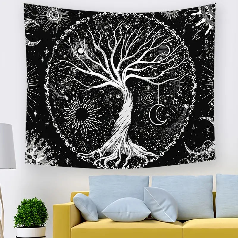 Tree of Life Tapestry - Sun & Moon, Black & White