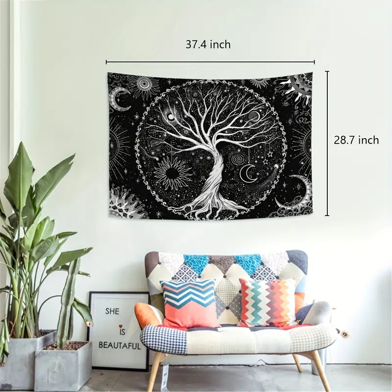 Tree of Life Tapestry - Sun & Moon, Black & White