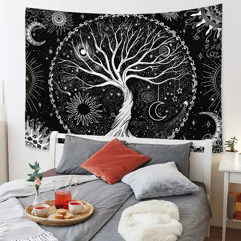 Tree of Life Tapestry - Sun & Moon, Black & White